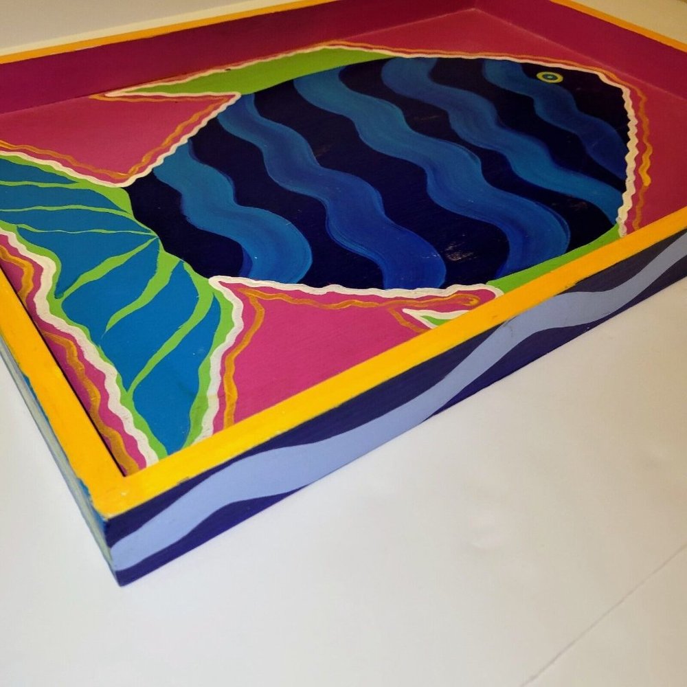 Tropical Bright Fish Handpainted Wooden Tray Signed By Artist 1993 Vintage OOAK - Picture 11 of 12